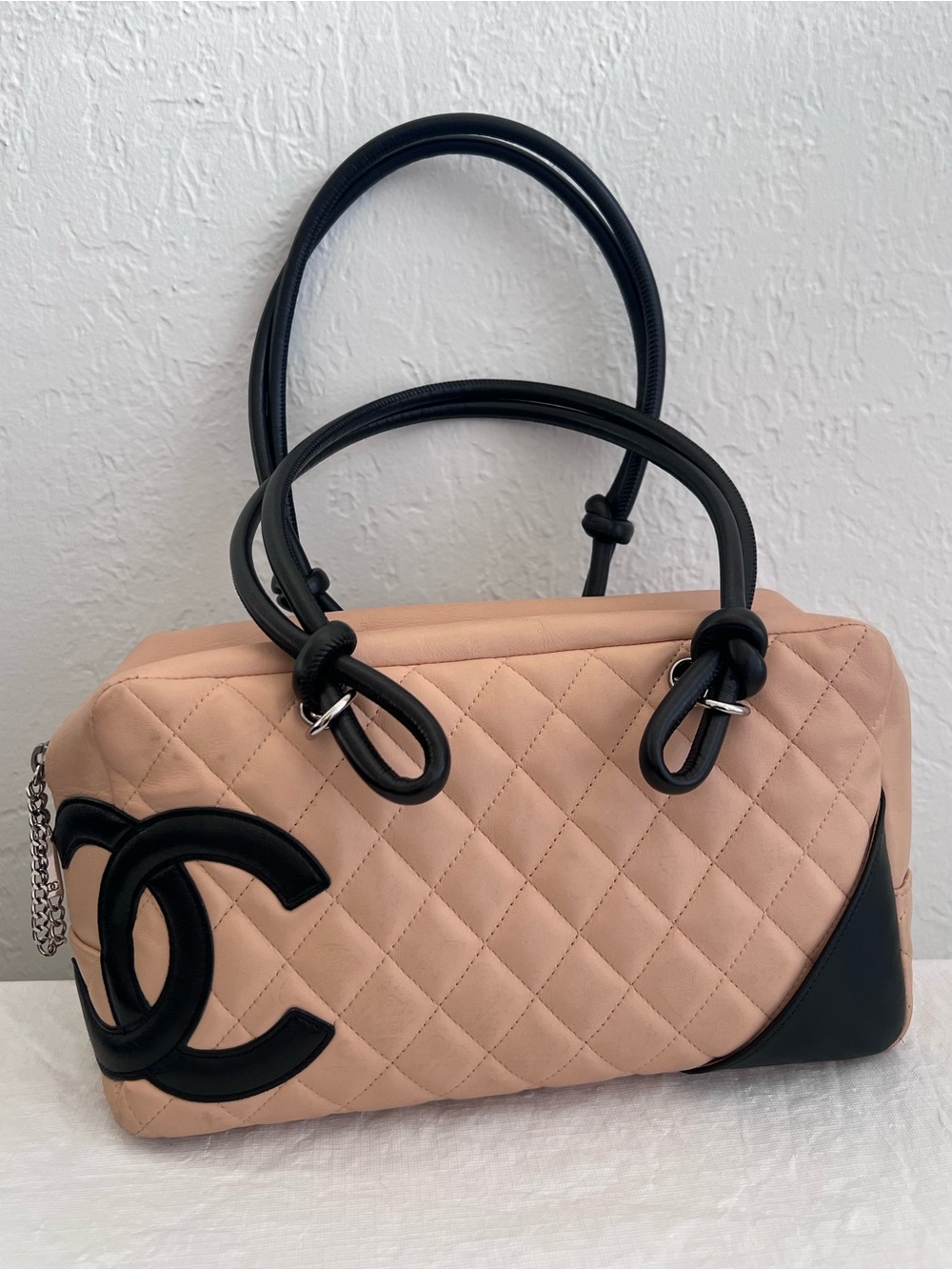 CHANEL Cambon Line Bowling Shoulder Bag Beige Quilted Zipper France